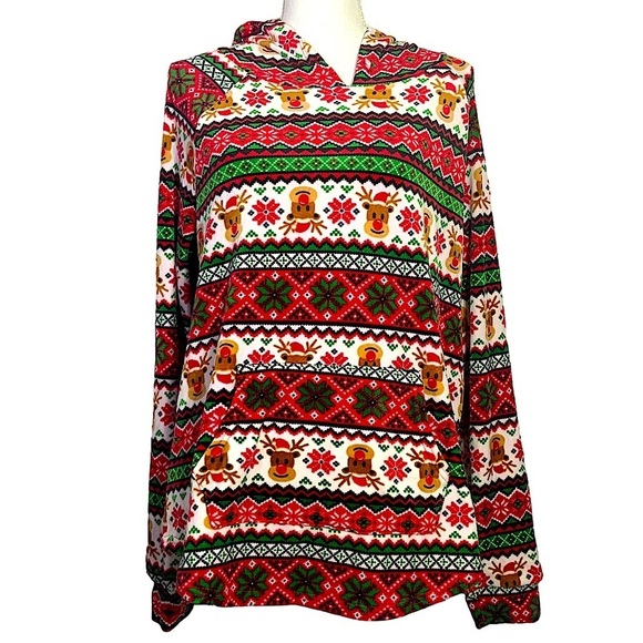 Ugly Christmas Sweater Hoodie Fair Isle Print Velvety Velour Front Pocket OS - Picture 1 of 14